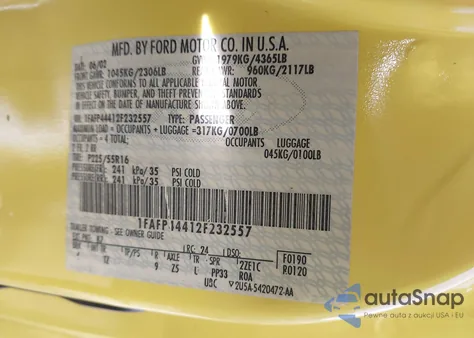 2002 Ford Mustang z USA, uszkodzony, nr VIN 1FAFP44412F232557